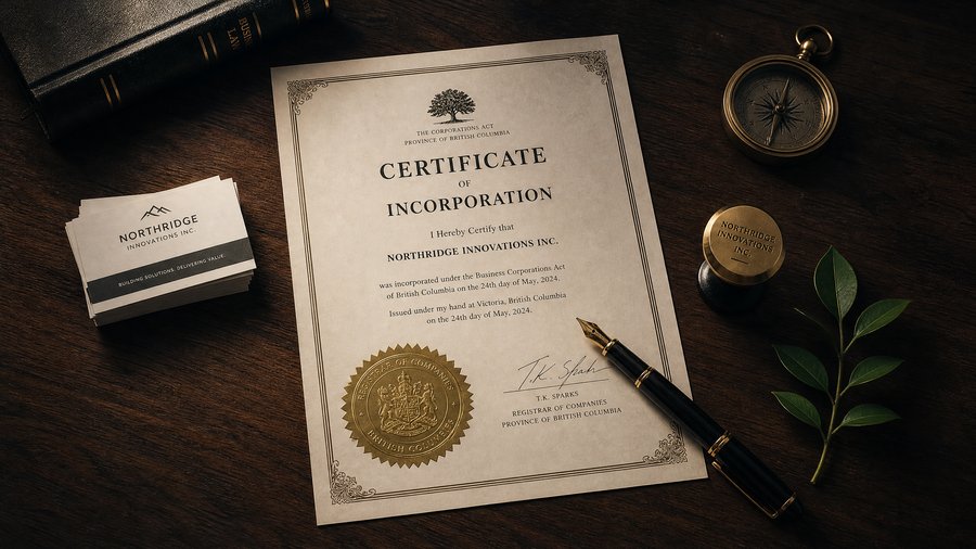 Setting Up Your Corporation — certificate of incorporation, fountain pen, and corporate seal on a dark walnut desk